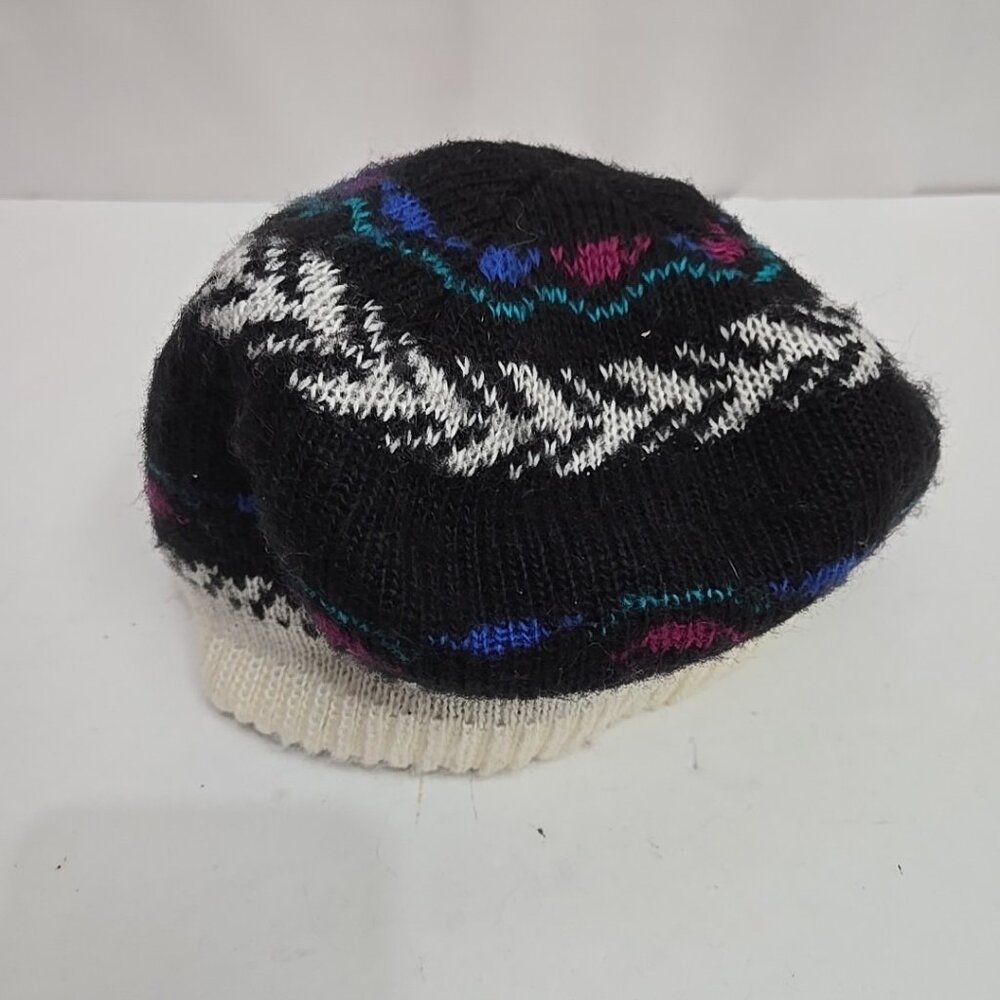 Vintage Hansen Knit Beret Winter Hat Black Floral USA Made 80s